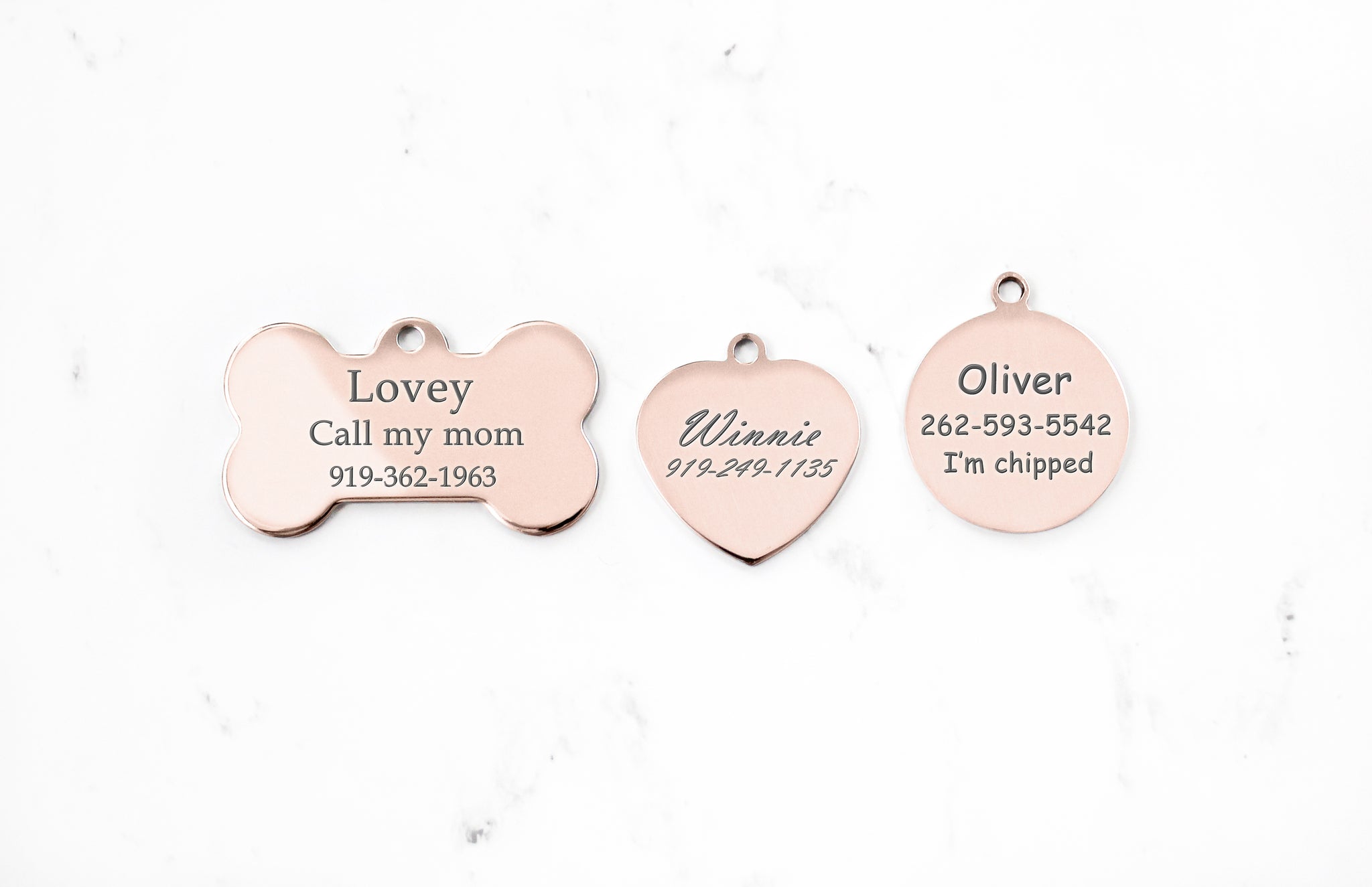 Rose Gold Engraved Dog ID Tag, Stainless Steel, Mirror Finish